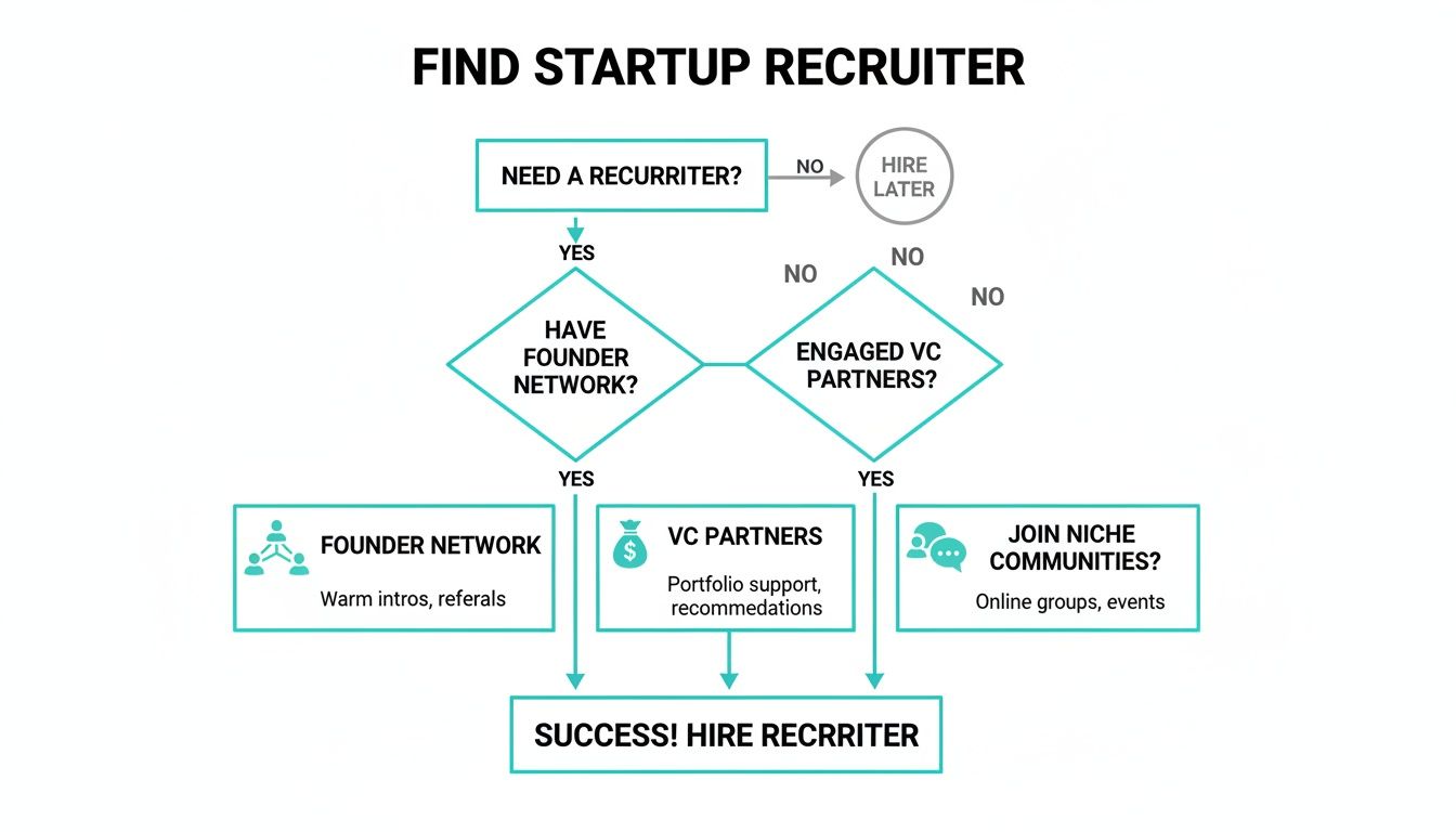 Flowchart guiding users on how to find a startup recruiter, evaluating networks and communities.