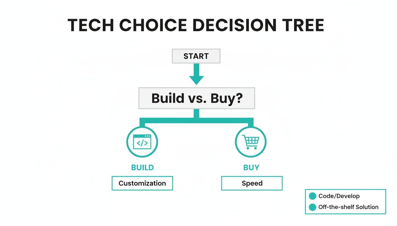 Decision tree illustrating the choice between building for customization or buying for speed in technology solutions.