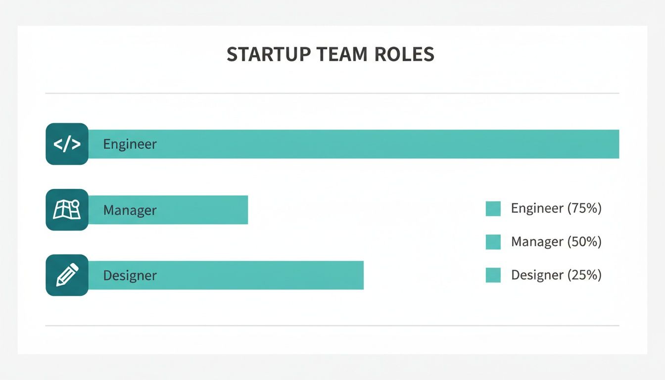 Bar chart displaying startup team roles: Engineer (75%), Manager (50%), and Designer (25%).