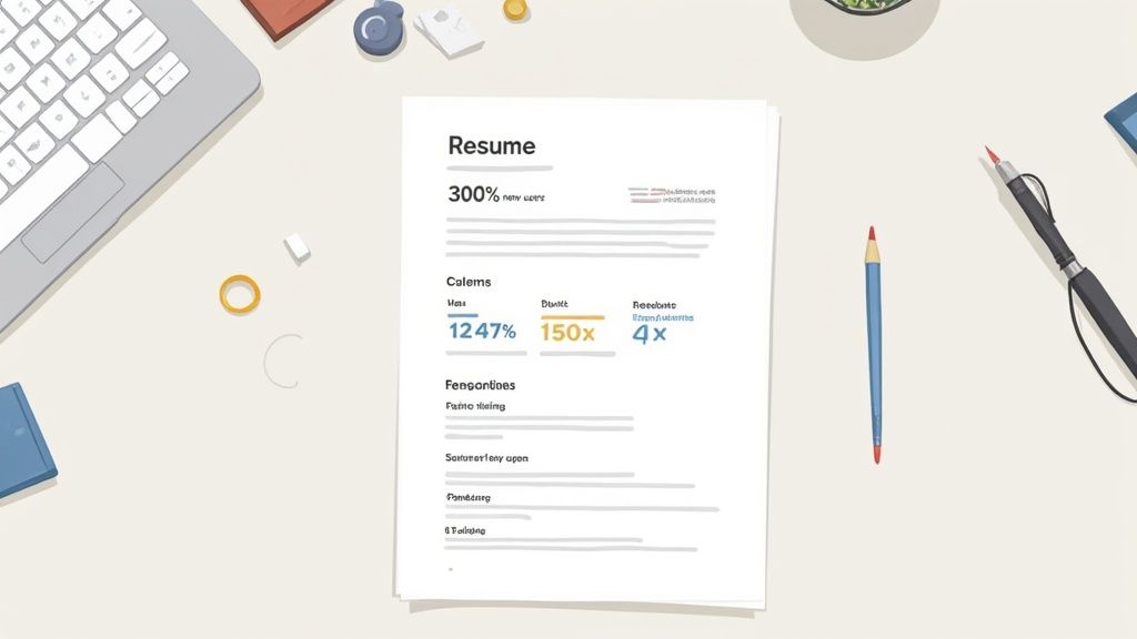 A flat lay image showing a resume document with statistics on a clean desk, laptop, and writing tools.
