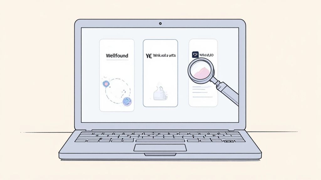 A laptop screen displaying three mobile app interfaces, including Wellfound, suggesting job search or company exploration.