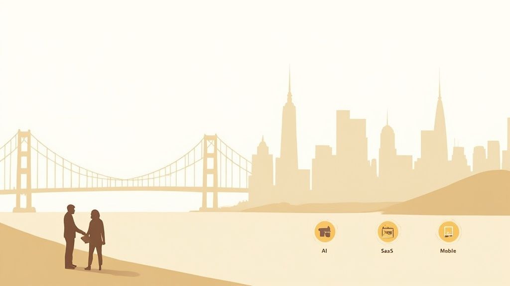 Two business people shaking hands in San Francisco, with the iconic Golden Gate Bridge and city skyline. Icons for AI, SaaS, Mobile are visible.