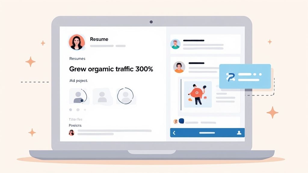 A laptop screen displays an online resume or professional profile builder with user avatars and performance metrics.