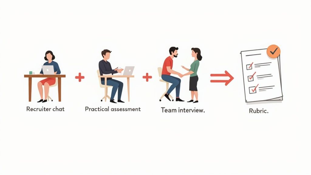 Visual representation of a structured hiring process: recruiter chat, practical assessment, team interview, leading to a rubric.