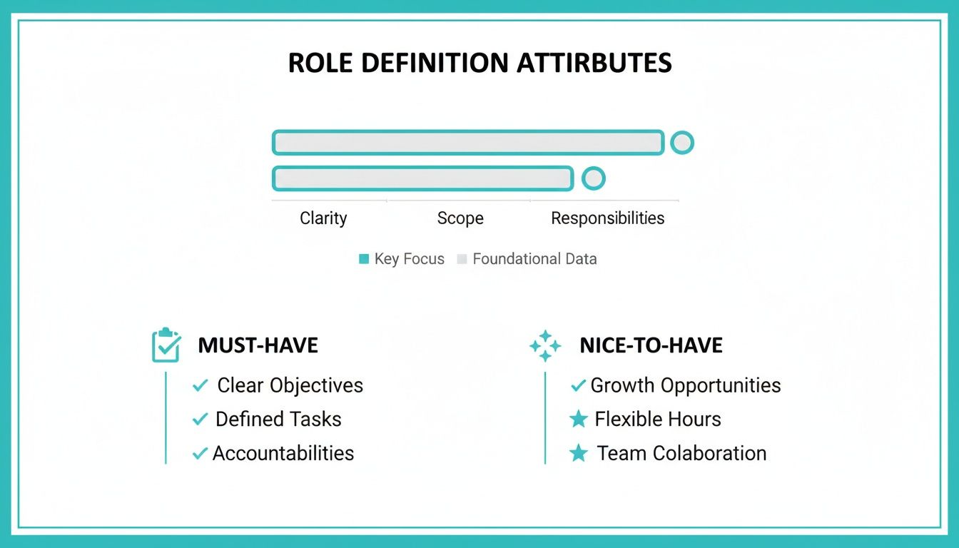Infographic showing role definition attributes: Clarity, Scope, Responsibilities, with must-have and nice-to-have qualities.