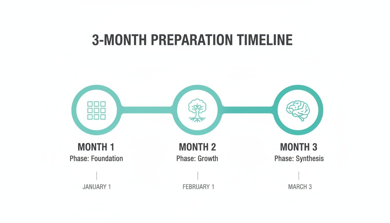 A 3-month preparation timeline showing Foundation, Growth, and Synthesis phases with dates.