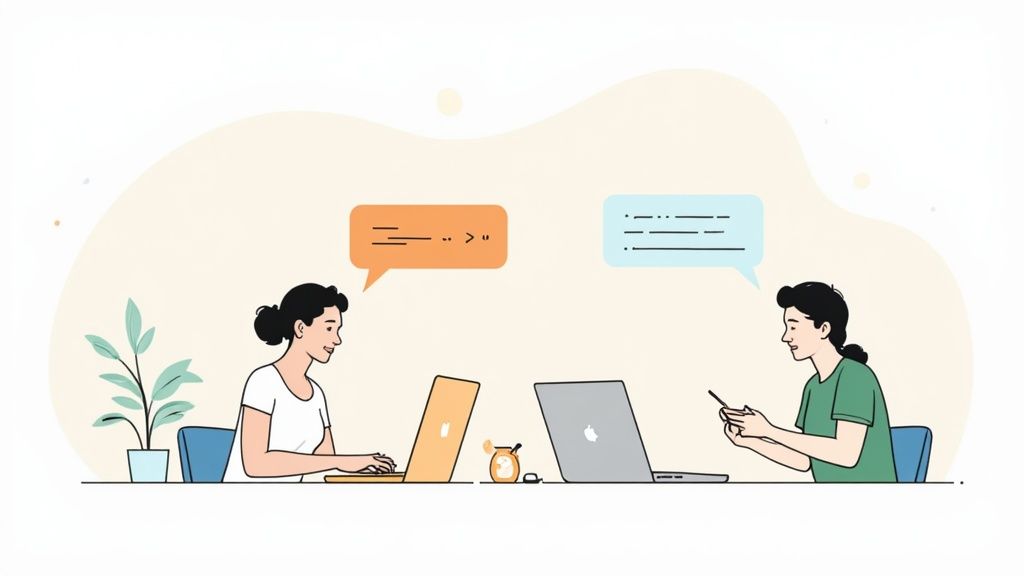 Two software engineers collaborating at a desk with laptops and speech bubbles showing code and text.