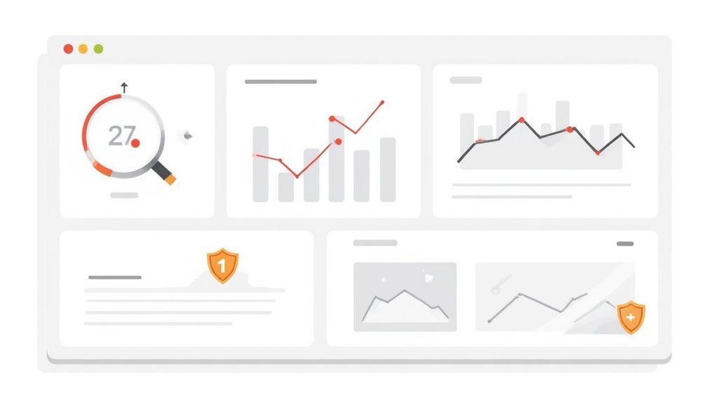 A data analytics dashboard featuring charts, progress indicators, bar graphs, and security shield icons.