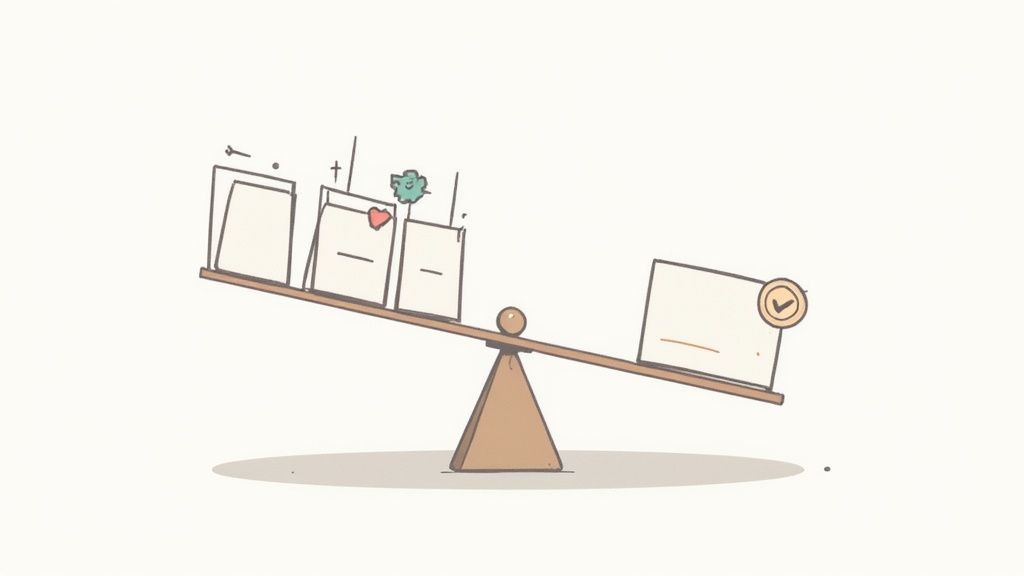 An illustration of a balance scale showing multiple complex factors outweighing a single completed task with a checkmark.