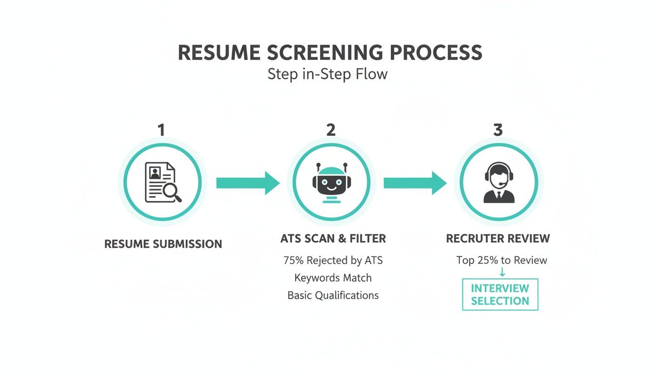 A three-step resume screening process flowchart showing submission, ATS scanning, and recruiter review.