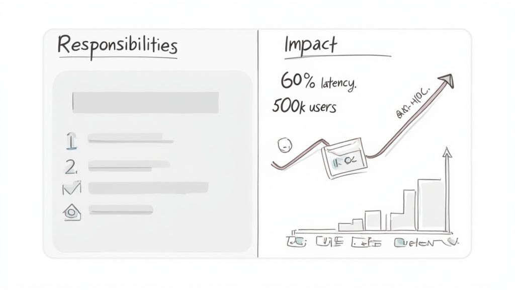 Hand-drawn illustration of project responsibilities and impact metrics like latency, users, and growth.