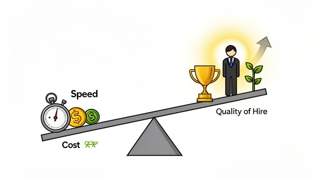 An infographic showing a seesaw where speed and cost outweigh quality of hire in recruitment.