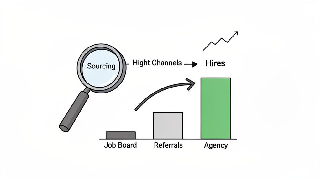Diagram showing sourcing magnifying glass linked to hiring channels: Job Board, Referrals, Agency, leading to increased hires.