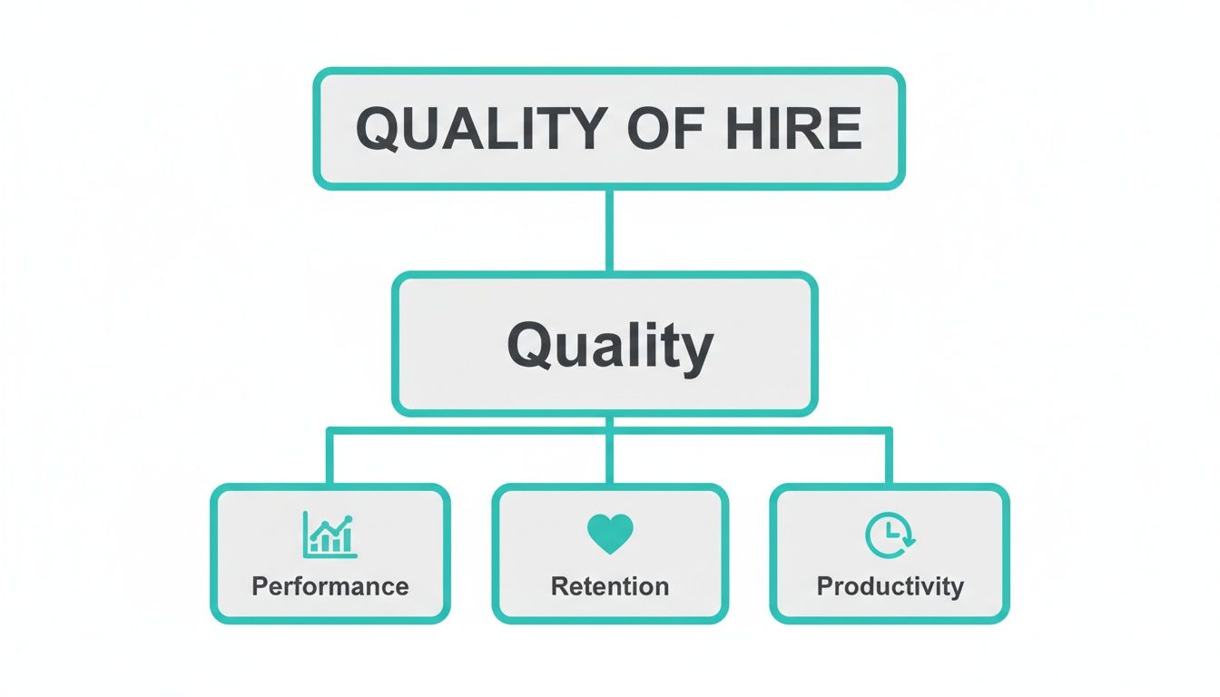A diagram illustrating Quality of Hire broken down into quality, performance, retention, and productivity metrics.