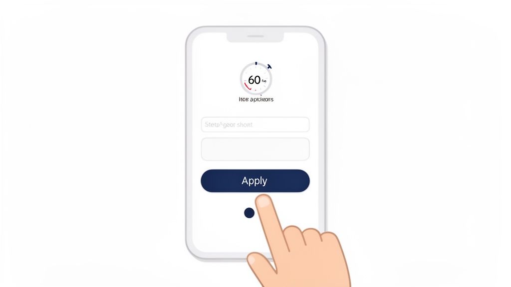 A hand taps the 'Apply' button on a smartphone screen, displaying an application form and a 60-second timer.