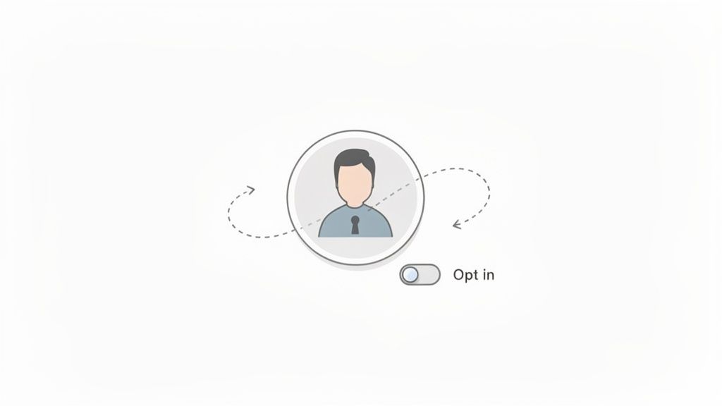 Illustration of a user profile with a keyhole icon, surrounded by looping arrows, next to an 'Opt in' toggle switch.