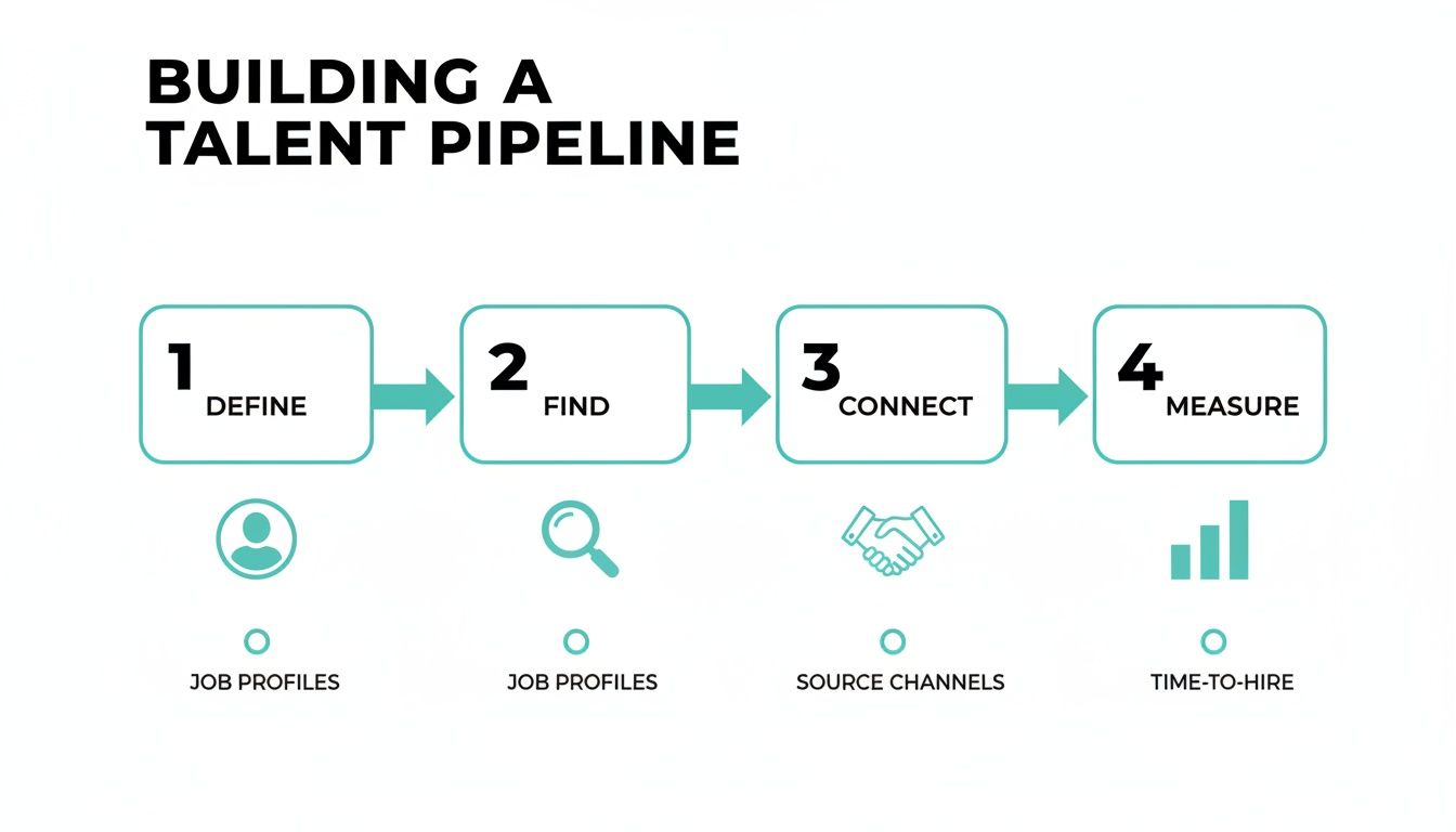Flowchart showing four steps to build a talent pipeline: define, find, connect, measure results.