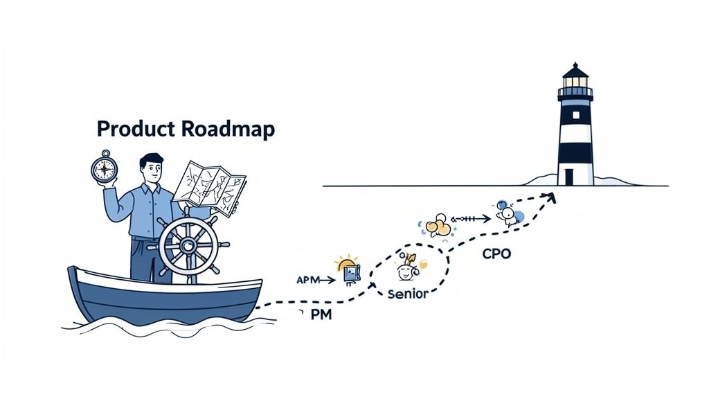 Illustration of a product manager's career roadmap, guiding from APM roles to CPO, towards a lighthouse.