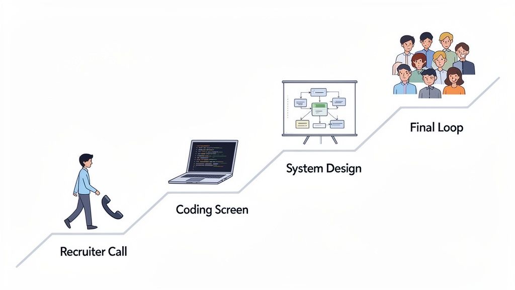 An illustration outlining the software engineering job interview process, including recruiter call, coding screen, system design, and final loop.