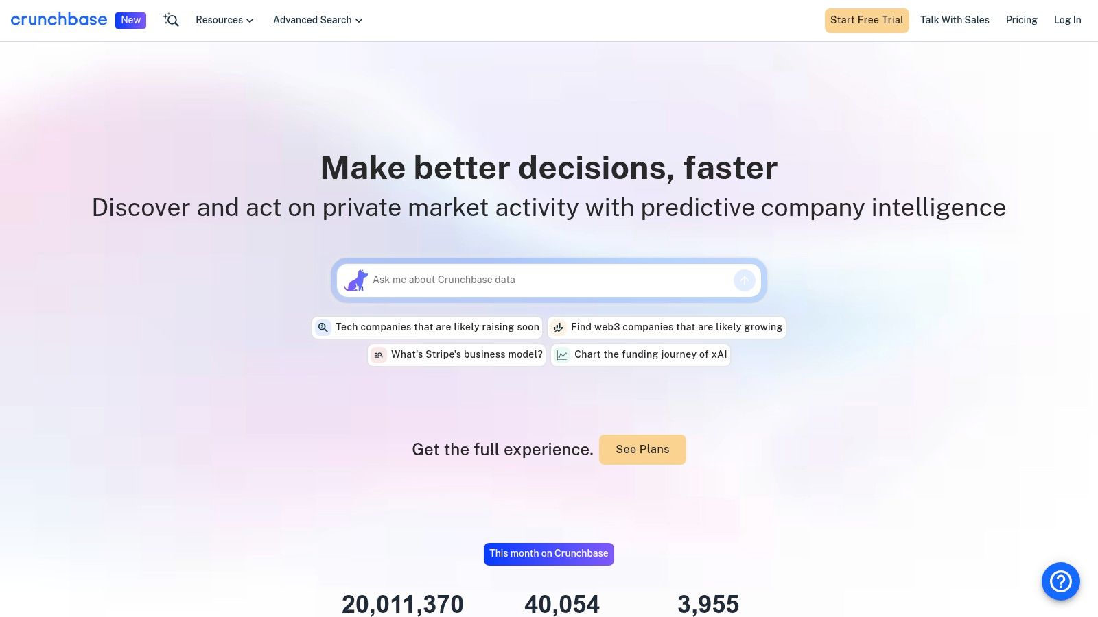 A screenshot of the Crunchbase homepage, illustrating its search functionality for finding and researching top NYC tech companies.