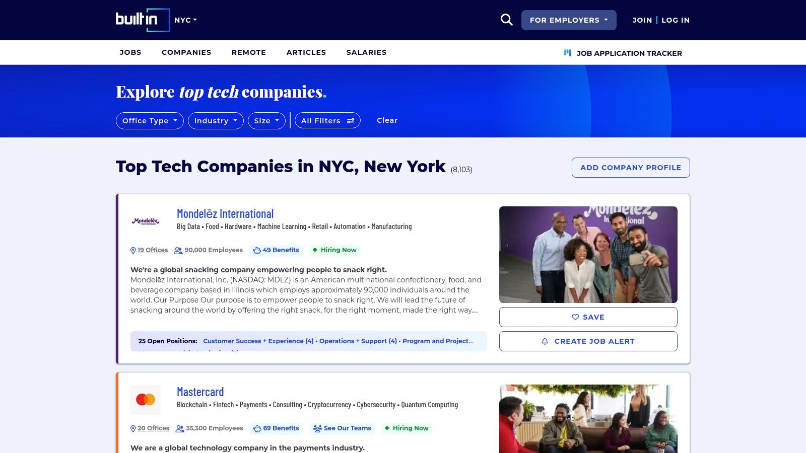 A screenshot of the Built In NYC homepage showcasing its curated lists and company profiles for top NYC tech companies.