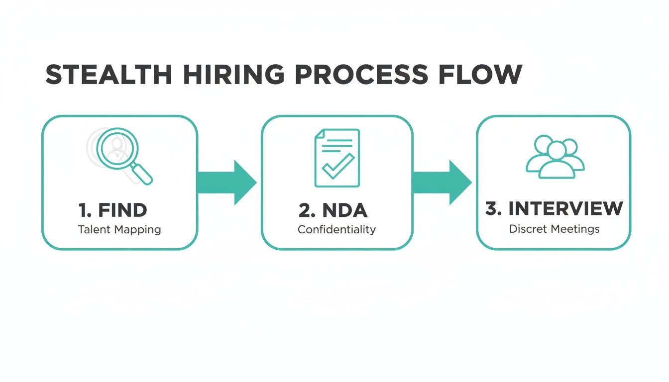 A diagram illustrating the three-step stealth hiring process: Find, NDA, and Interview.
