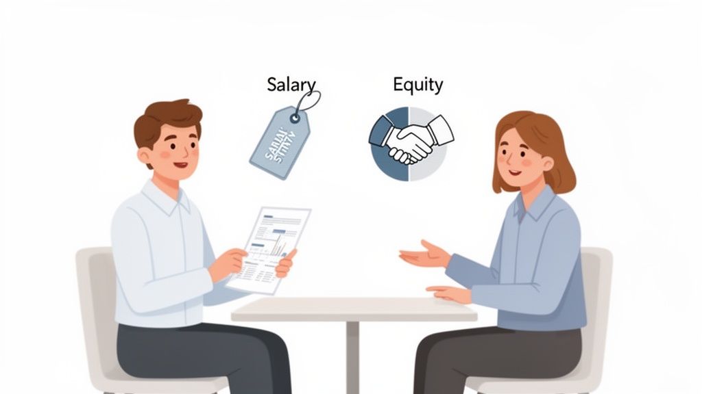 A man and a woman discussing job offer terms, represented by salary and equity icons.