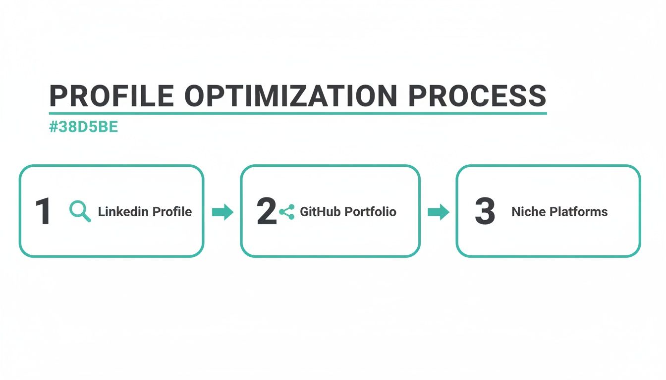 Flowchart outlining a three-step profile optimization process: LinkedIn Profile, GitHub Portfolio, and Niche Platforms.