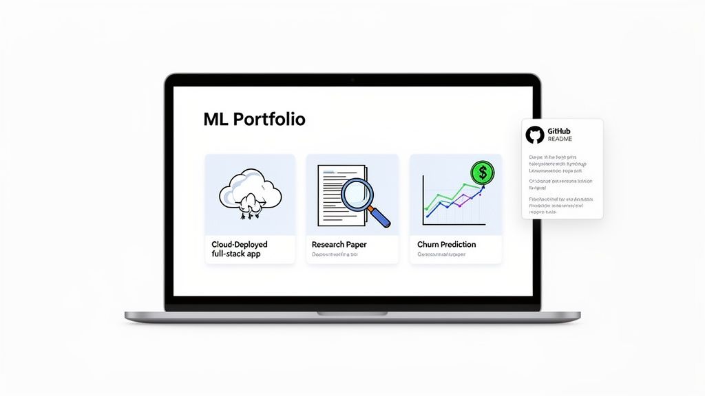 A laptop displays an ML portfolio featuring cloud-deployed apps, research papers, and churn prediction projects with a GitHub README.
