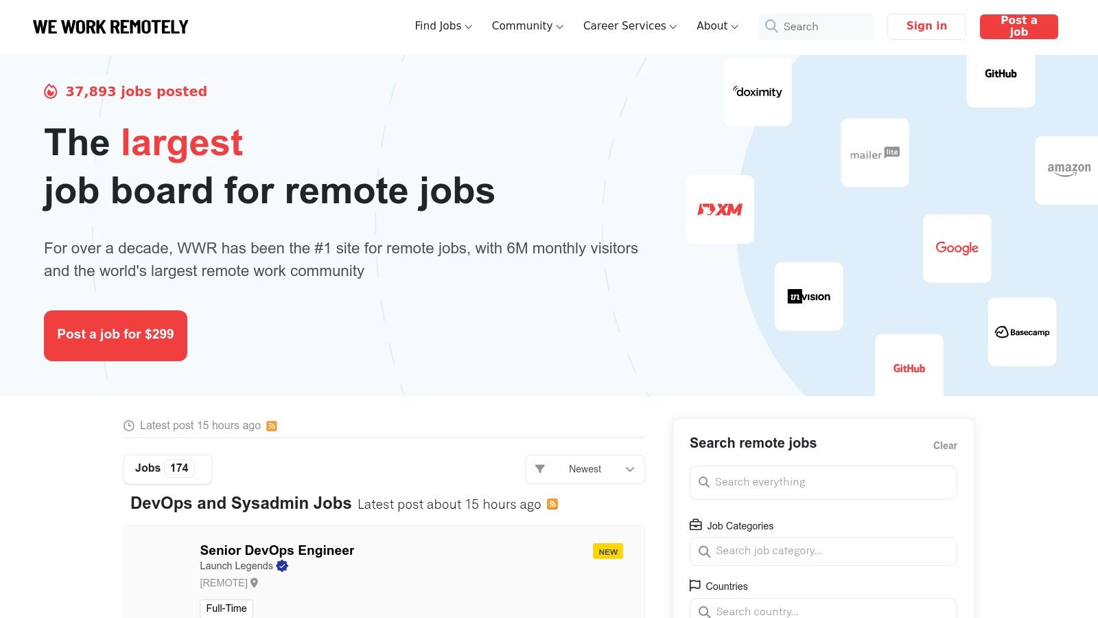A screenshot of the We Work Remotely (WWR) job board, showing various remote job listings across different categories like programming, design, and marketing.