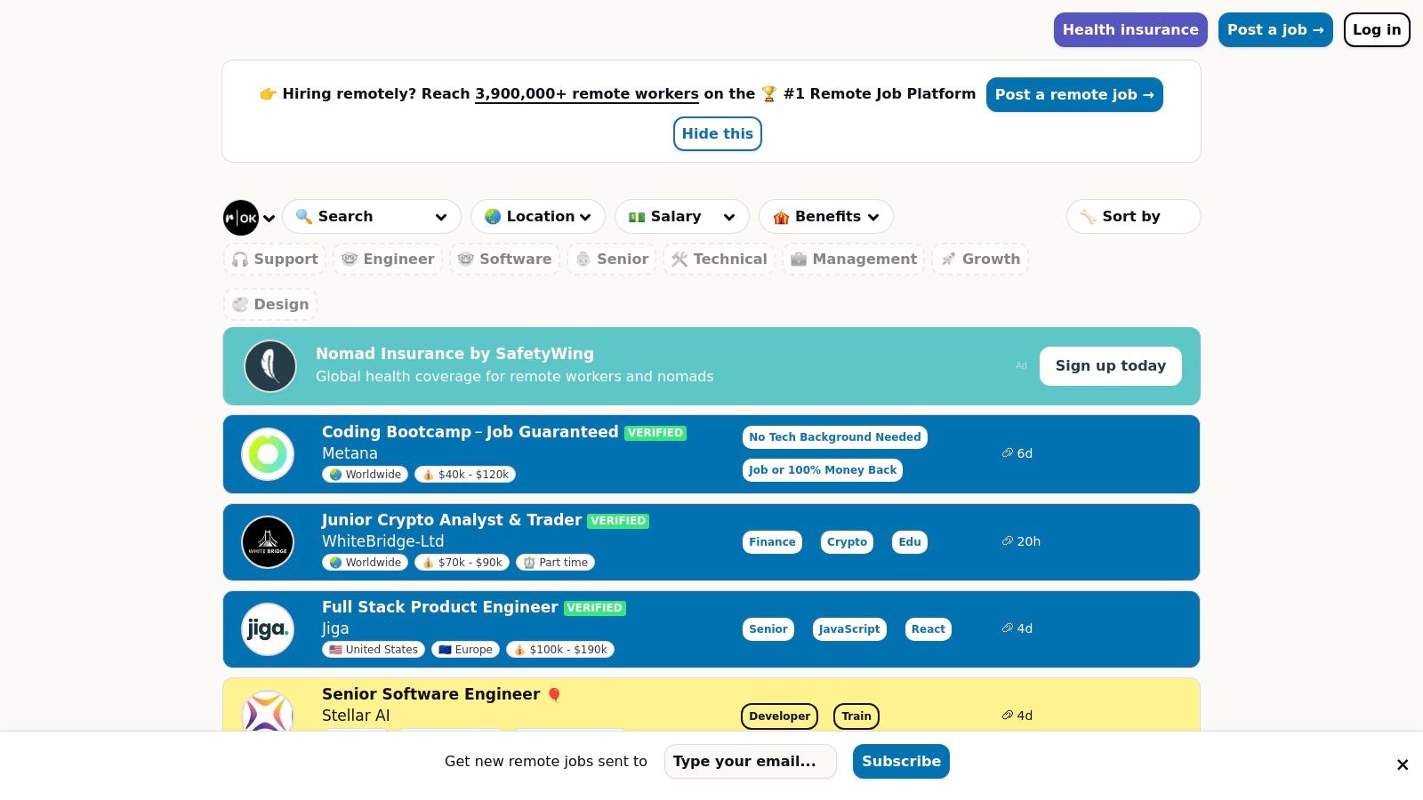 A screenshot of the Remote OK homepage, showcasing its clean interface with a long list of remote job postings, highlighted by tags for location, skills, and salary, which demonstrates its comprehensive job aggregation capabilities.
