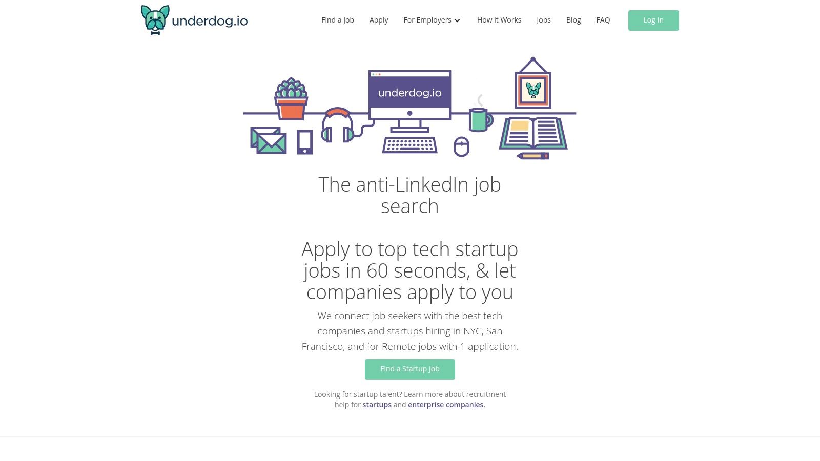 A screenshot of the Underdog.io interface showing a candidate's profile and potential job matches, illustrating the platform's focus on connecting tech talent with remote job opportunities.