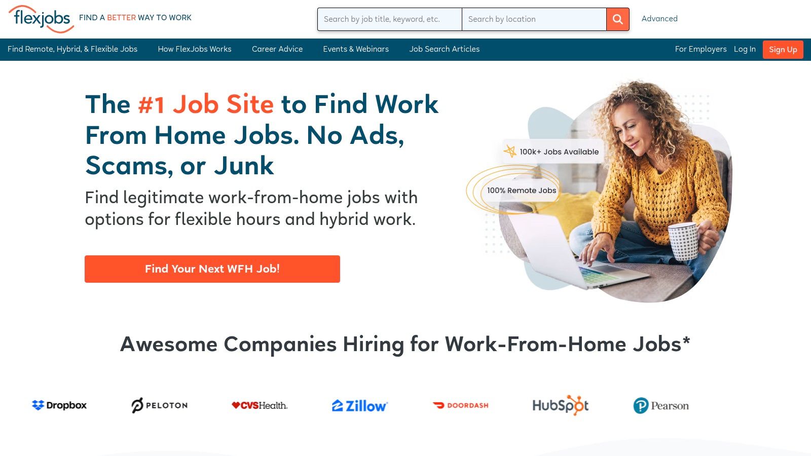 A screenshot of the FlexJobs interface showing a filtered search for remote jobs, highlighting its advanced search capabilities and focus on legitimate remote work opportunities.