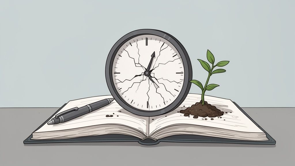 A cracked clock, a pen, and a sprouting plant on an open book, symbolizing time and growth.