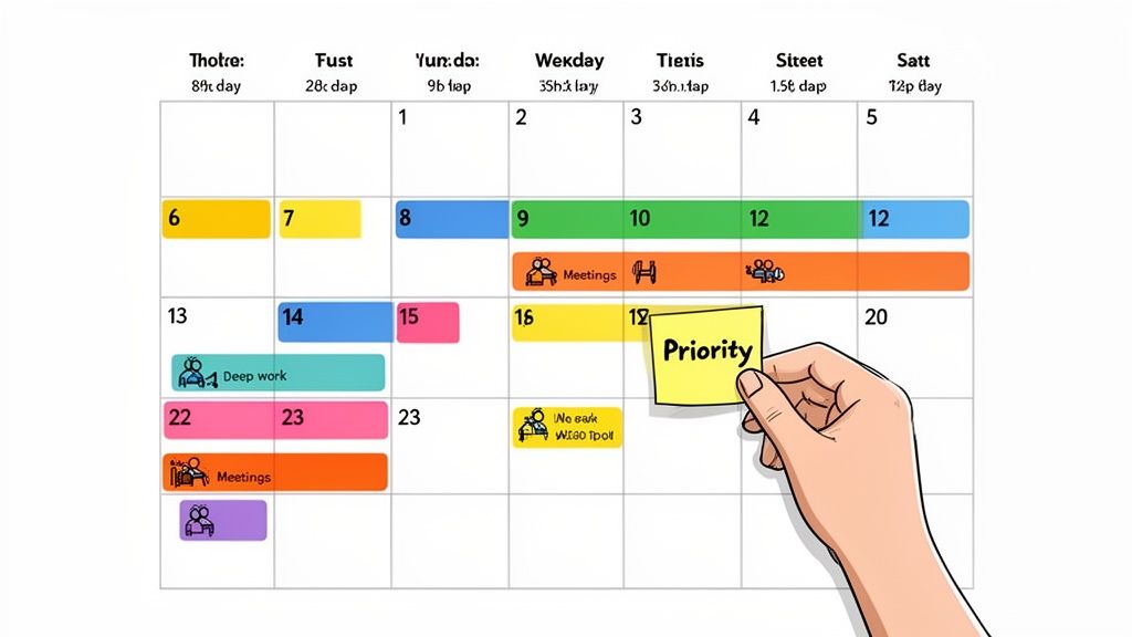 A hand places a yellow sticky note labeled "Priority" onto a calendar showing various scheduled tasks.