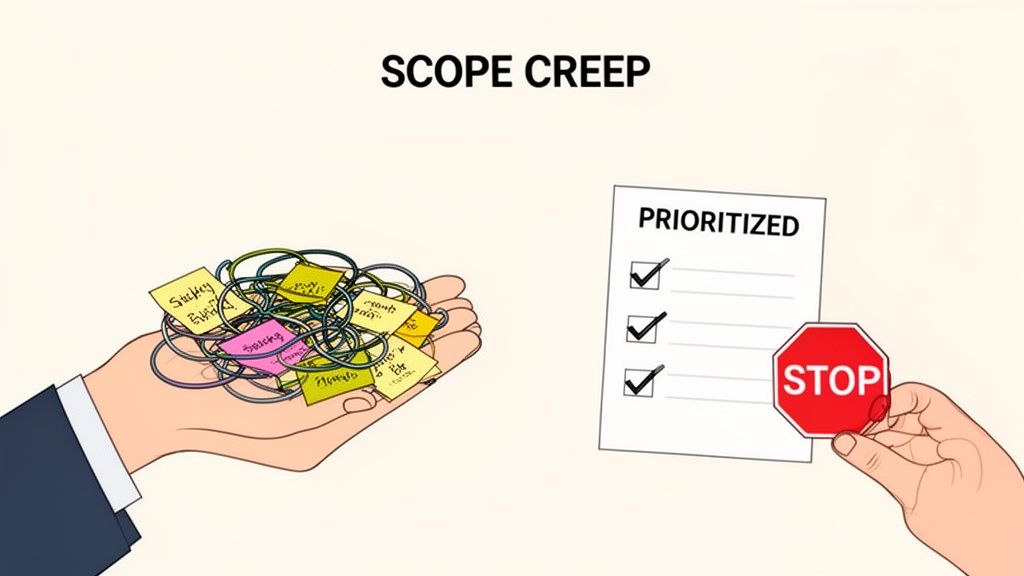 Illustration contrasting scope creep (tangled tasks) with effective time management (prioritized list and stop sign).