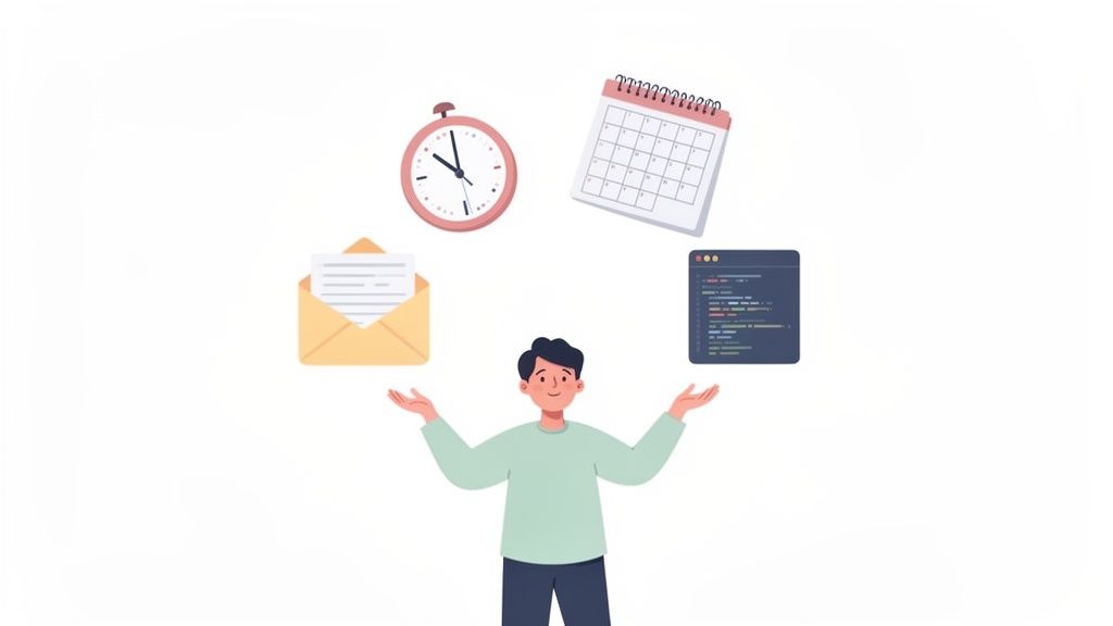 A cartoon person juggling a clock, calendar, email, and code window, symbolizing time management and task organization.