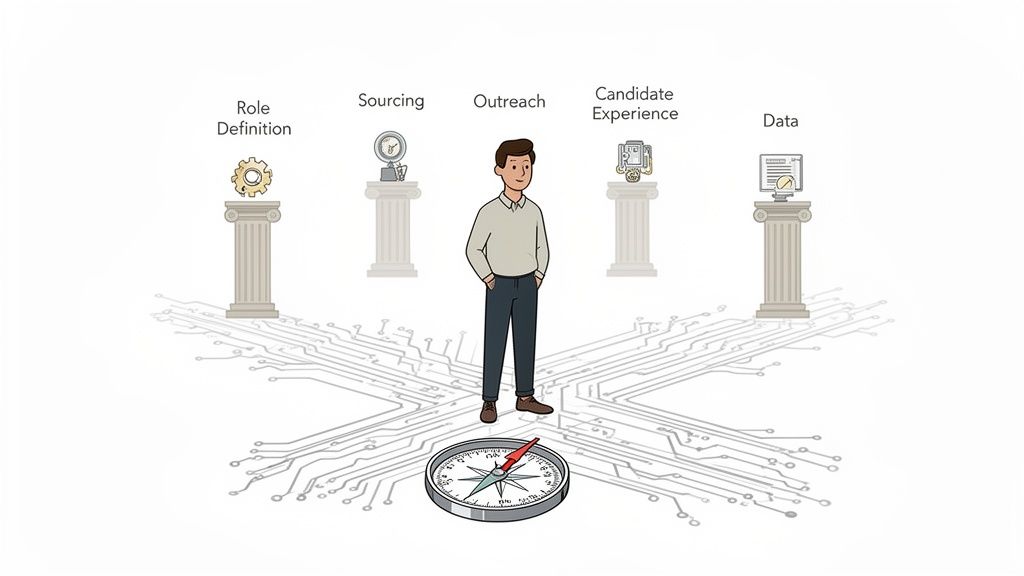 An illustration of a man surrounded by pillars representing key recruitment stages, with a compass and circuit board lines.