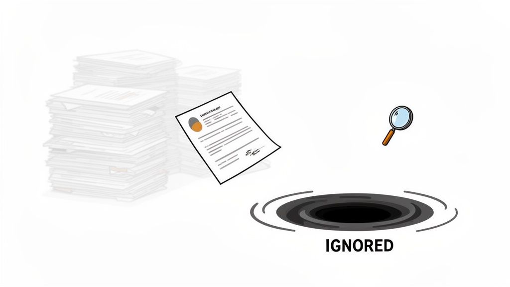 A resume floats towards a black hole labeled 'IGNORED', with stacks of other documents in the background, symbolizing overlooked applications.