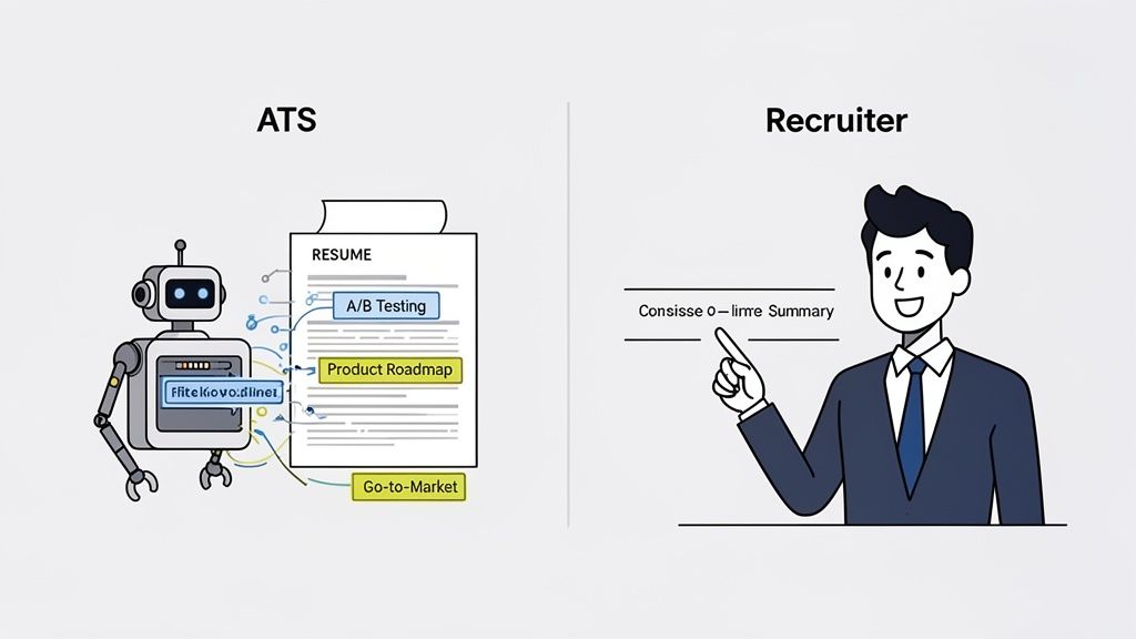 An ATS robot extracts keywords like 'A/B Testing' from a resume, contrasting with a recruiter focusing on the summary.