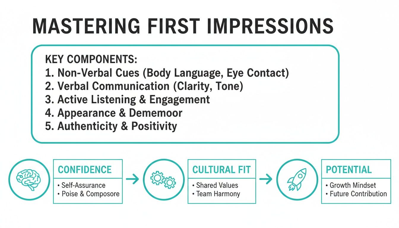 An infographic showing key components for mastering first impressions, covering communication, confidence, and potential.