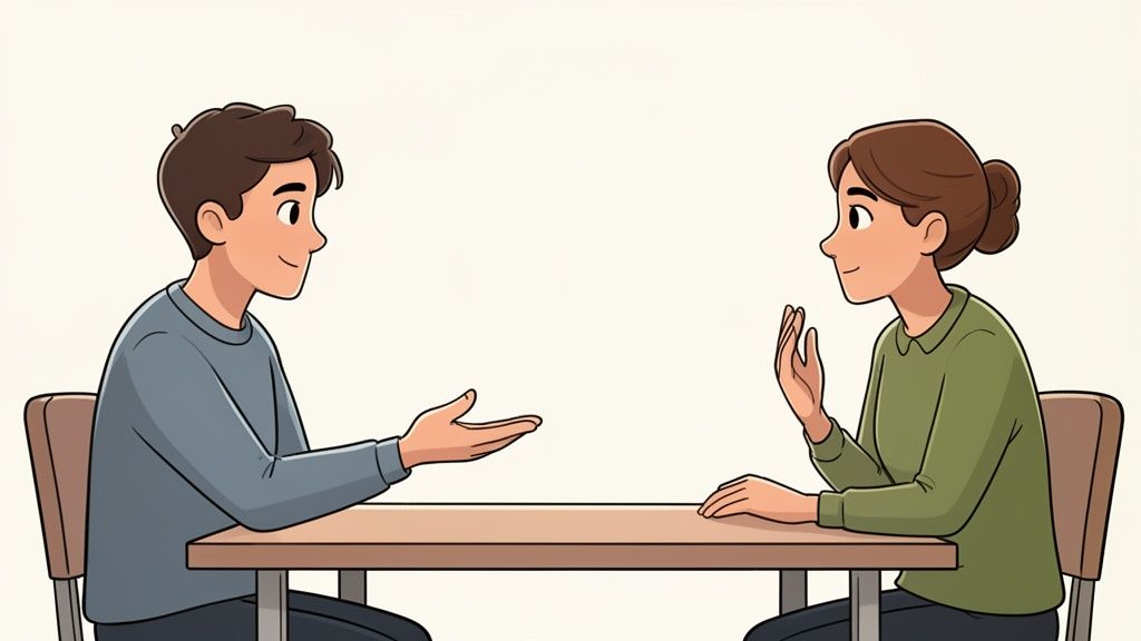 Two cartoon people, a man and a woman, sitting at a table having a conversation, gesturing with hands.