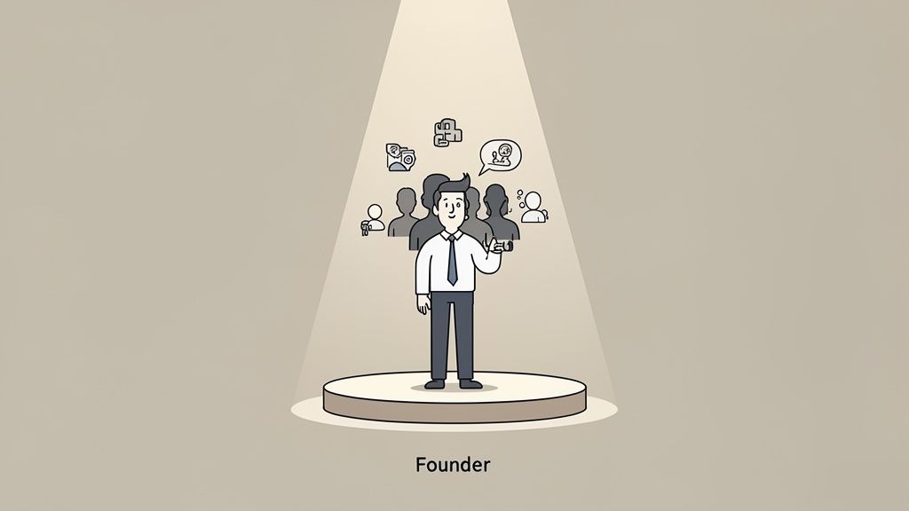 A cartoon founder stands in a spotlight, surrounded by team members and business icons.