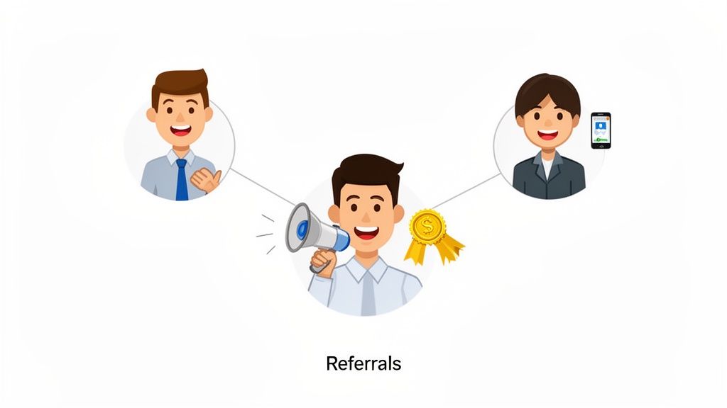 Illustration of a team working together with interconnected lines, symbolizing employee referral networks.