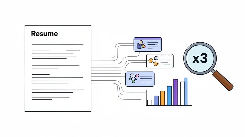 A resume flows into various data points, a bar chart, and a magnifying glass for detailed analysis.