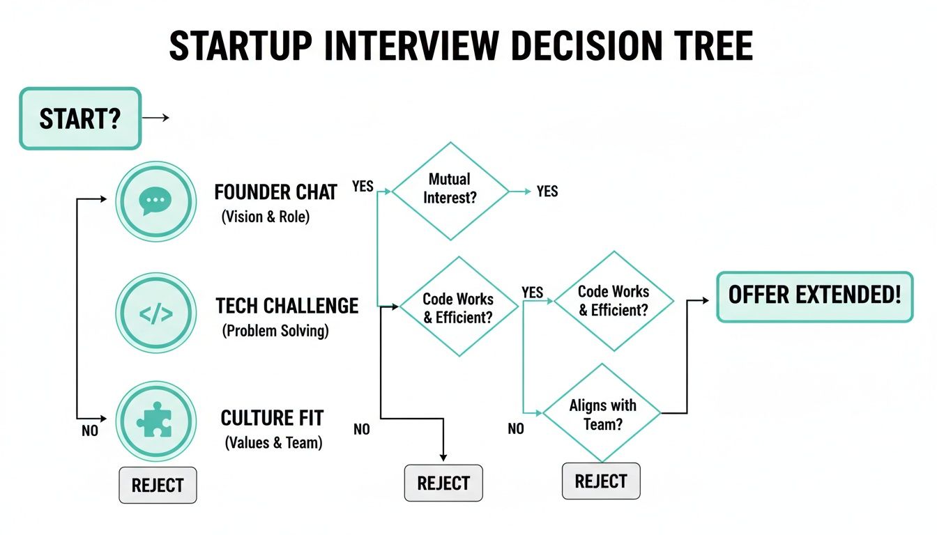 A flowchart outlining the startup interview decision tree from start to offer or rejection.