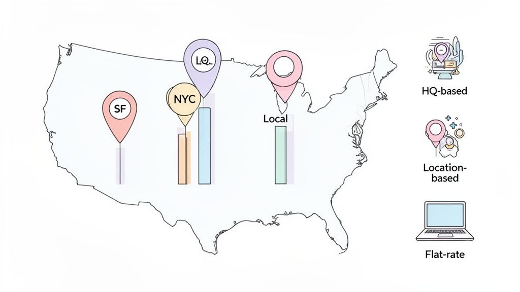 Map of US illustrating HQ-based, location-based, and flat-rate salary models with examples in SF, NYC, and LQ.