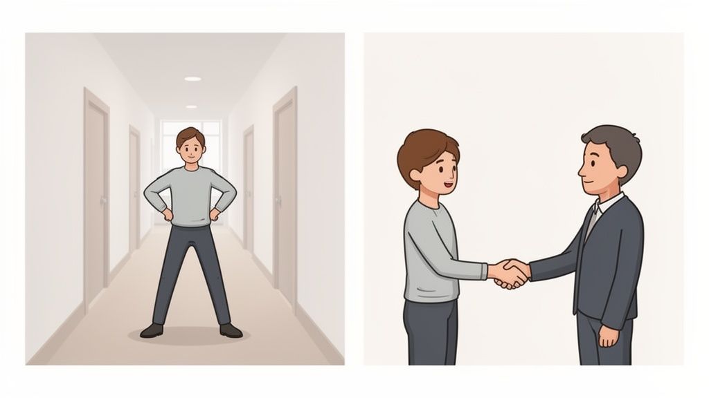 An illustration of body language: a confident stance in a hallway and a friendly handshake.