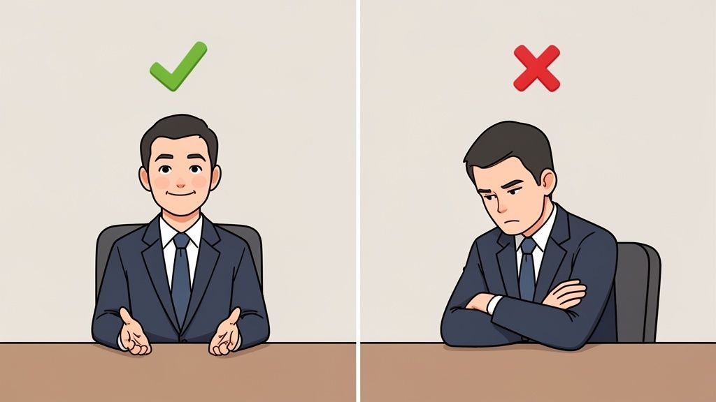An illustration comparing appropriate and inappropriate body language for an interview scenario.