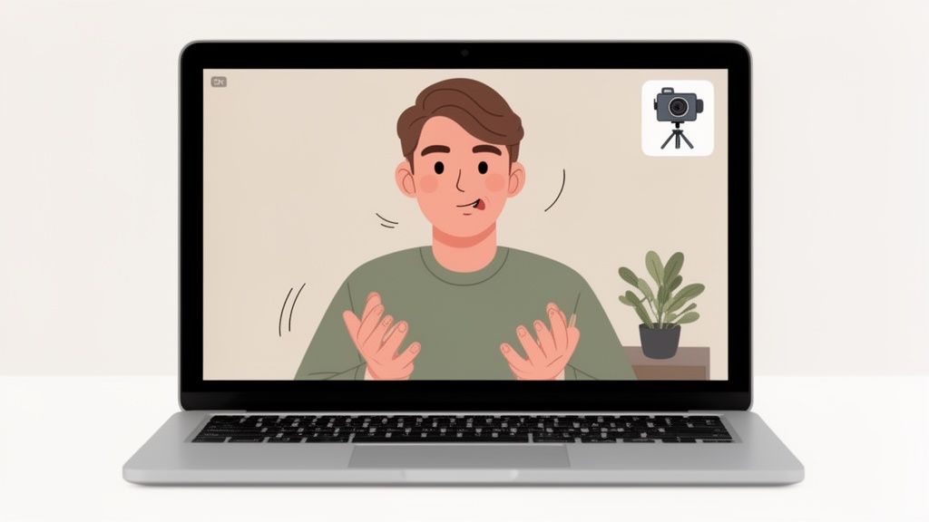 A laptop screen displays a cartoon man making hand gestures and licking his lips during a video call.